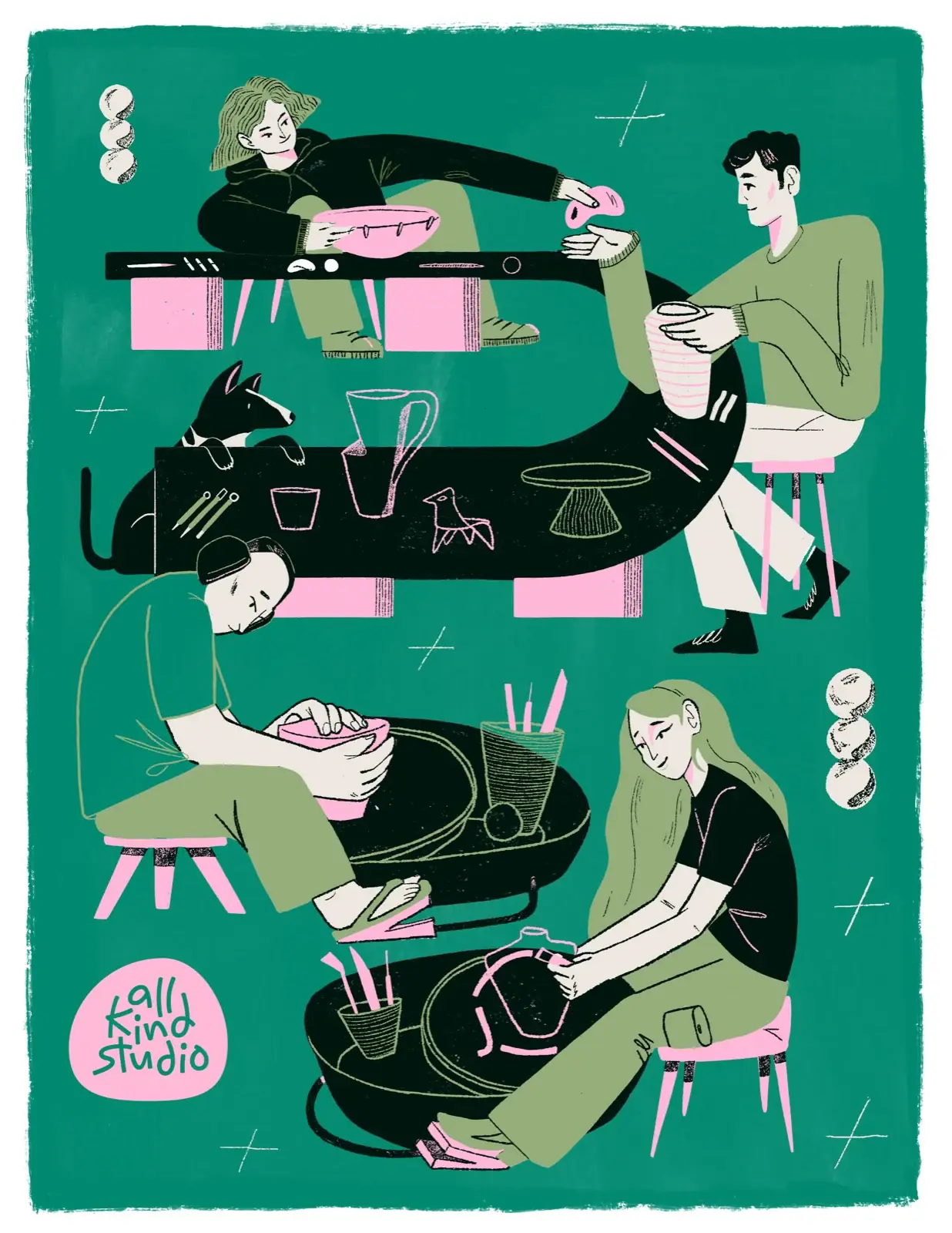 An illustration of the studio at work — four members at wheels and worktables, pots between them and a dog stretched under the bench