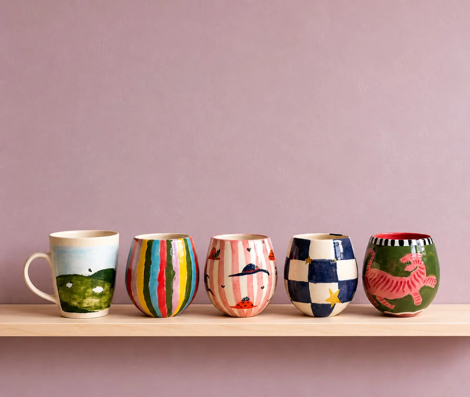 Five hand-painted cups on a shelf — a green hillside, rainbow stripes, pink stripes with a sun hat, navy checks and a pink tiger